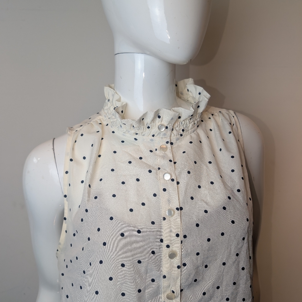 J. Crew Cream Sleeveless Ruffle Neck Polka Dot Blouse - Picture 4 of 7